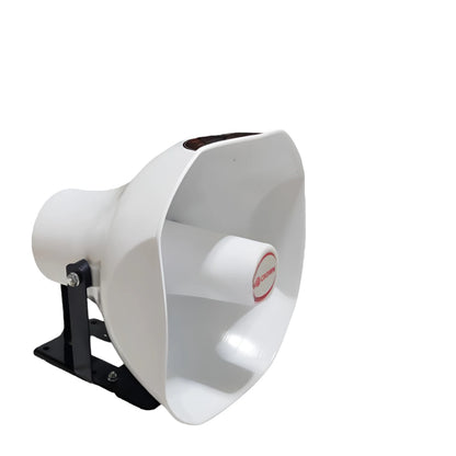 White Crown 180W Horn Speaker 16 Ohms mounted on black bracket for outdoor public address use