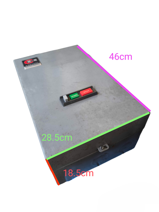 Cutler Hammer Magnetic Starter 90A metal enclosure box with on and off buttons and dimension labels
