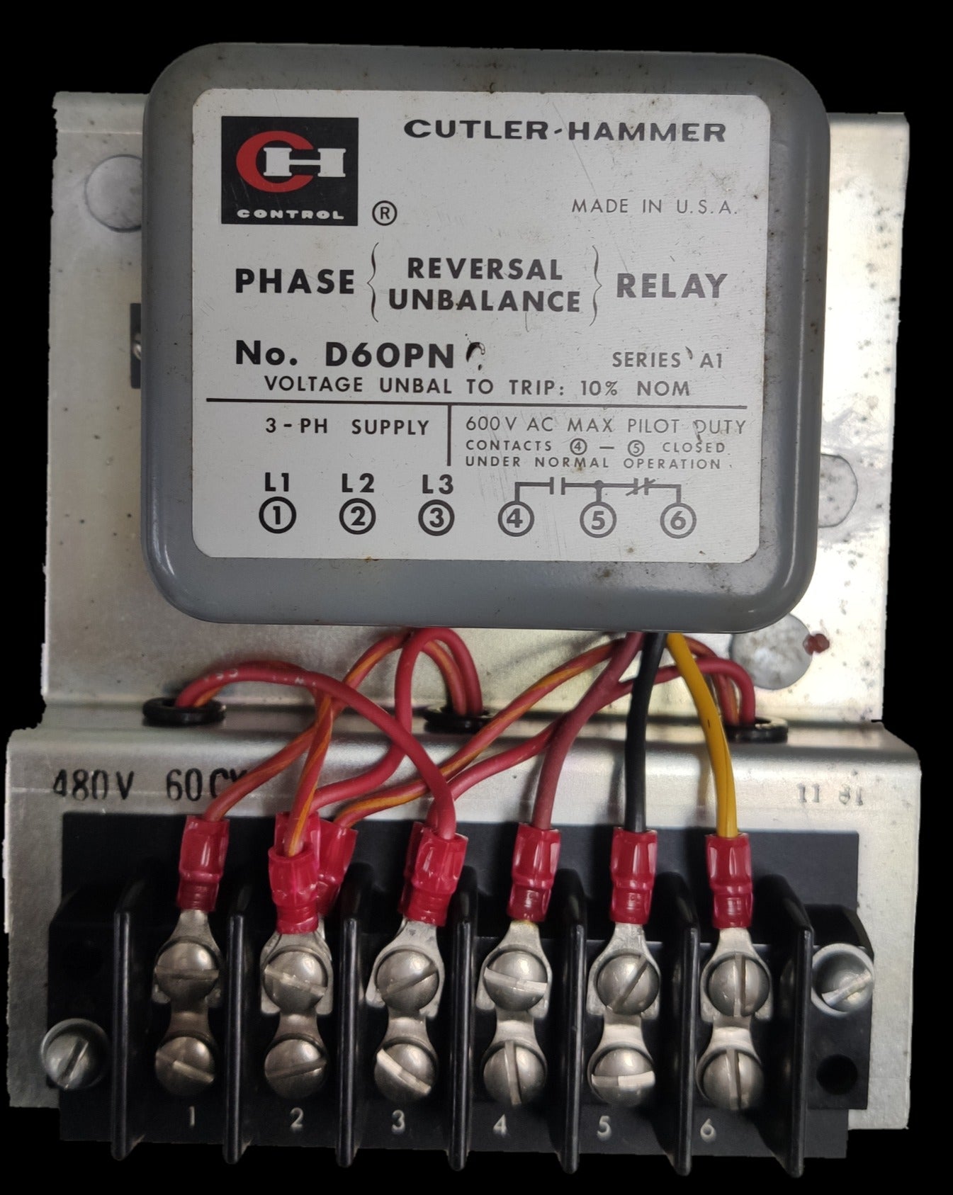 Cutler Hammer Monitoring Relay Open Type 3 Phase 480V with multiple wire connections and labeled terminals