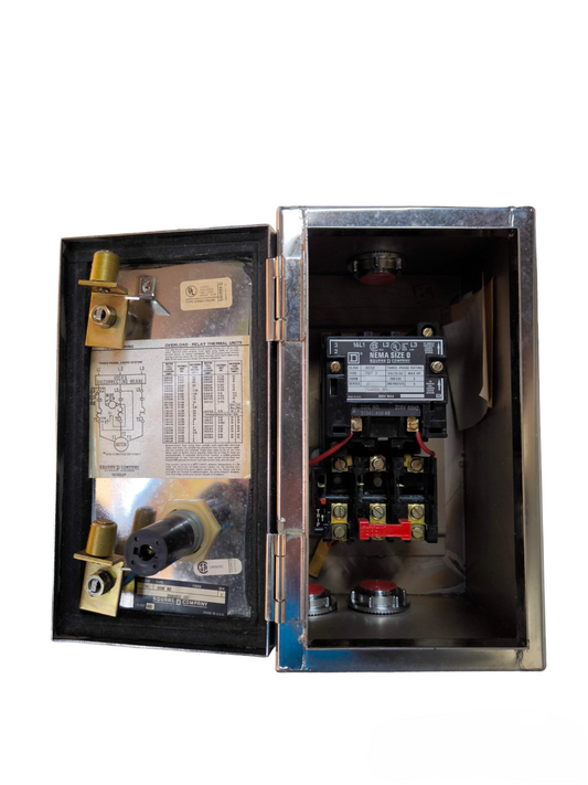 Square D Magnetic Starter Nema Size 0 280V 3 Phase 3HP enclosed in metal box for power control