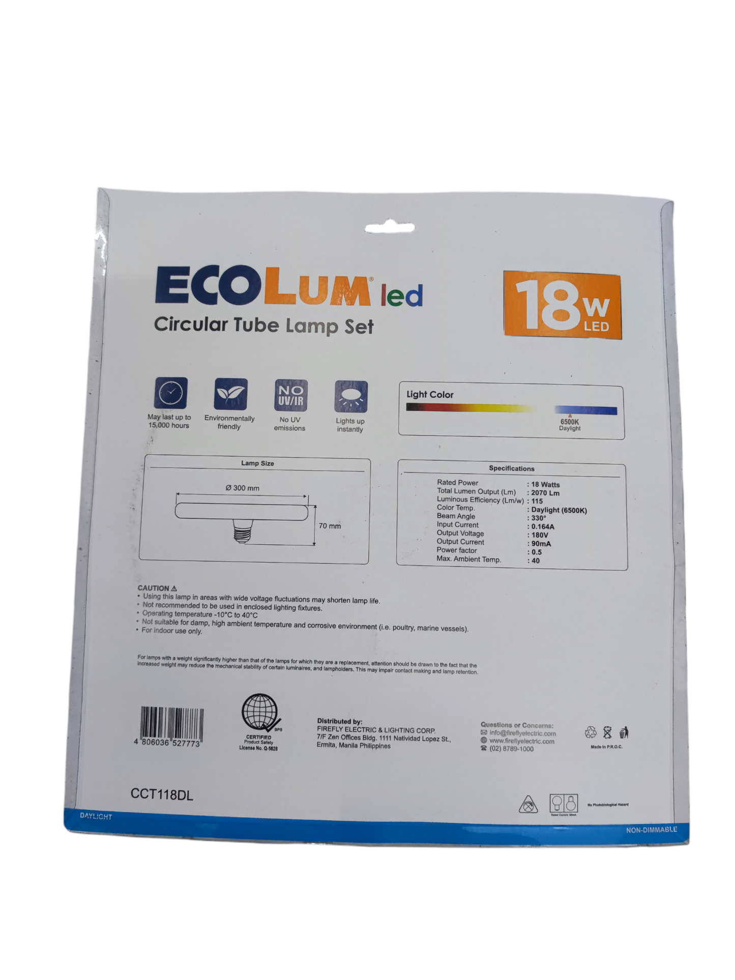 Ecolum 18W LED Circular Lamp E27 220V Daylight 6500K CCT118DL