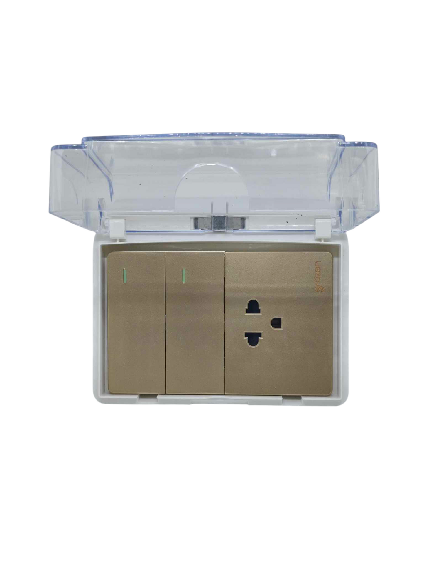 Grazen Weatherproof Plate Cover with 2 Gang 1 Way Switch and 1 Gang Universal Outlet with Ground 16A 220V WC-019-W+GW-009 Available in White, Black, Grey and Gold
