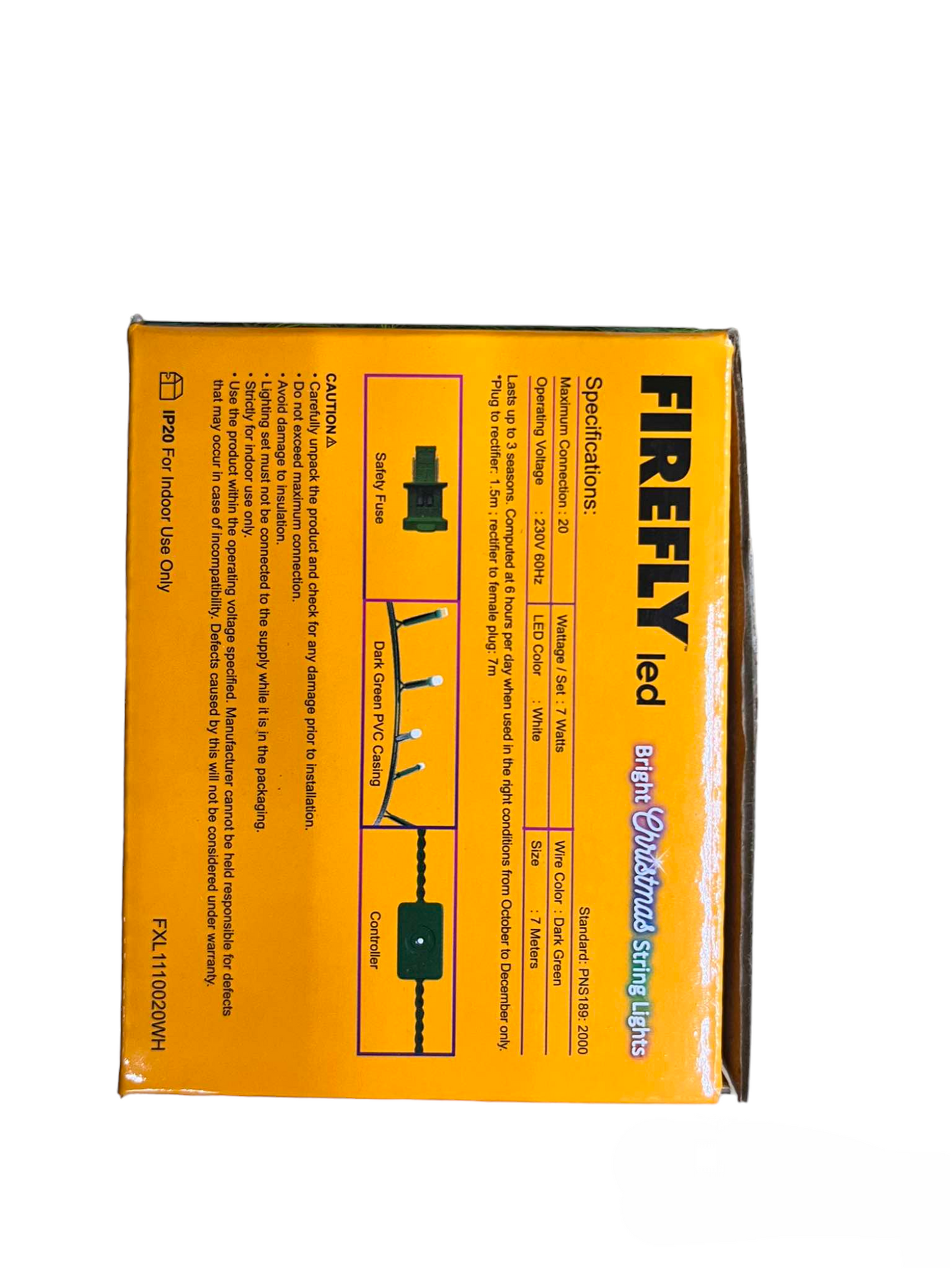 Firefly LED Christmas Light 100 LED Bulbs String Light Green Wire Steady White 6500K 7 Meters 7W 220V Indoor Only FXL1110020WH