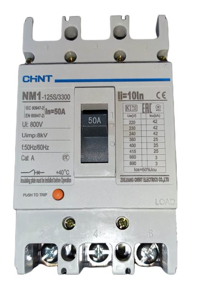 Chint 50A 3 Pole Industrial Circuit Breaker 3 Phase 125AF 25 KAIC 400VAC NM1-125S/3300/50A , Circuit Breakers