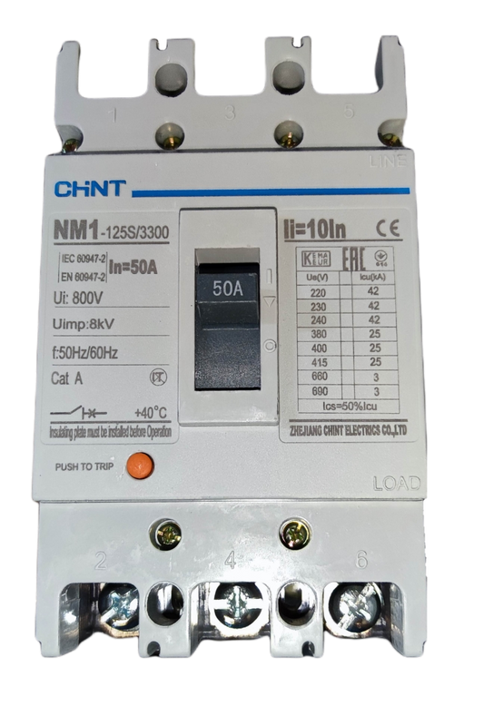 Chint 50A 3 Pole Industrial Circuit Breaker 3 Phase 125AF 25 KAIC 400VAC NM1-125S/3300/50A , Circuit Breakers
