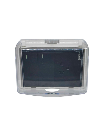 Grazen Weatherproof Plate Cover with 2 Gang 1 Way Switch and 1 Gang Universal Outlet with Ground 16A 220V WC-019-W+GW-009 Available in White, Black, Grey and Gold