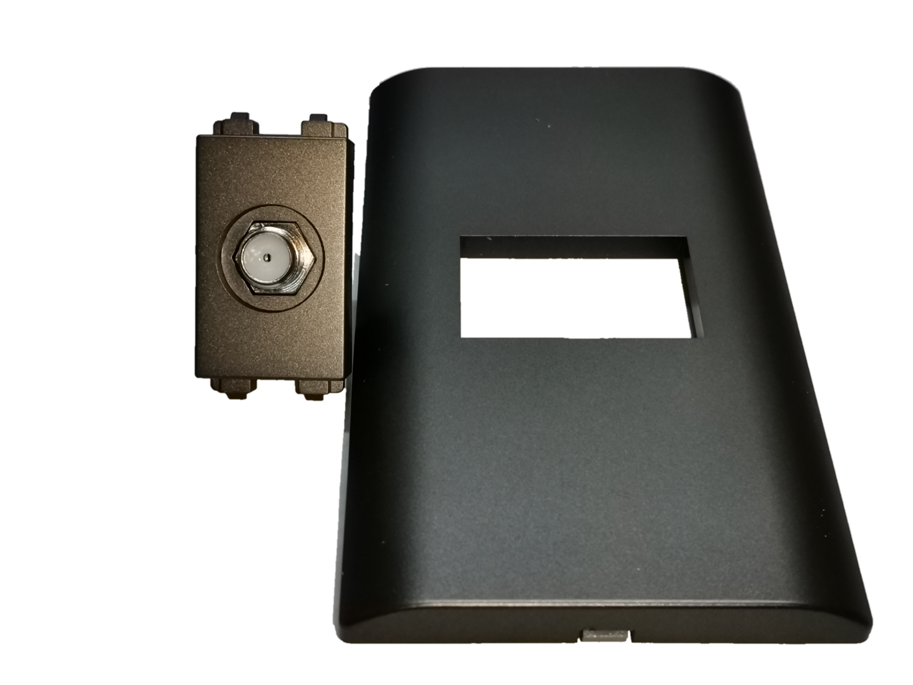 Dark gray cable TV outlet with matching faceplate for wall installation from Electx Electrical Supply