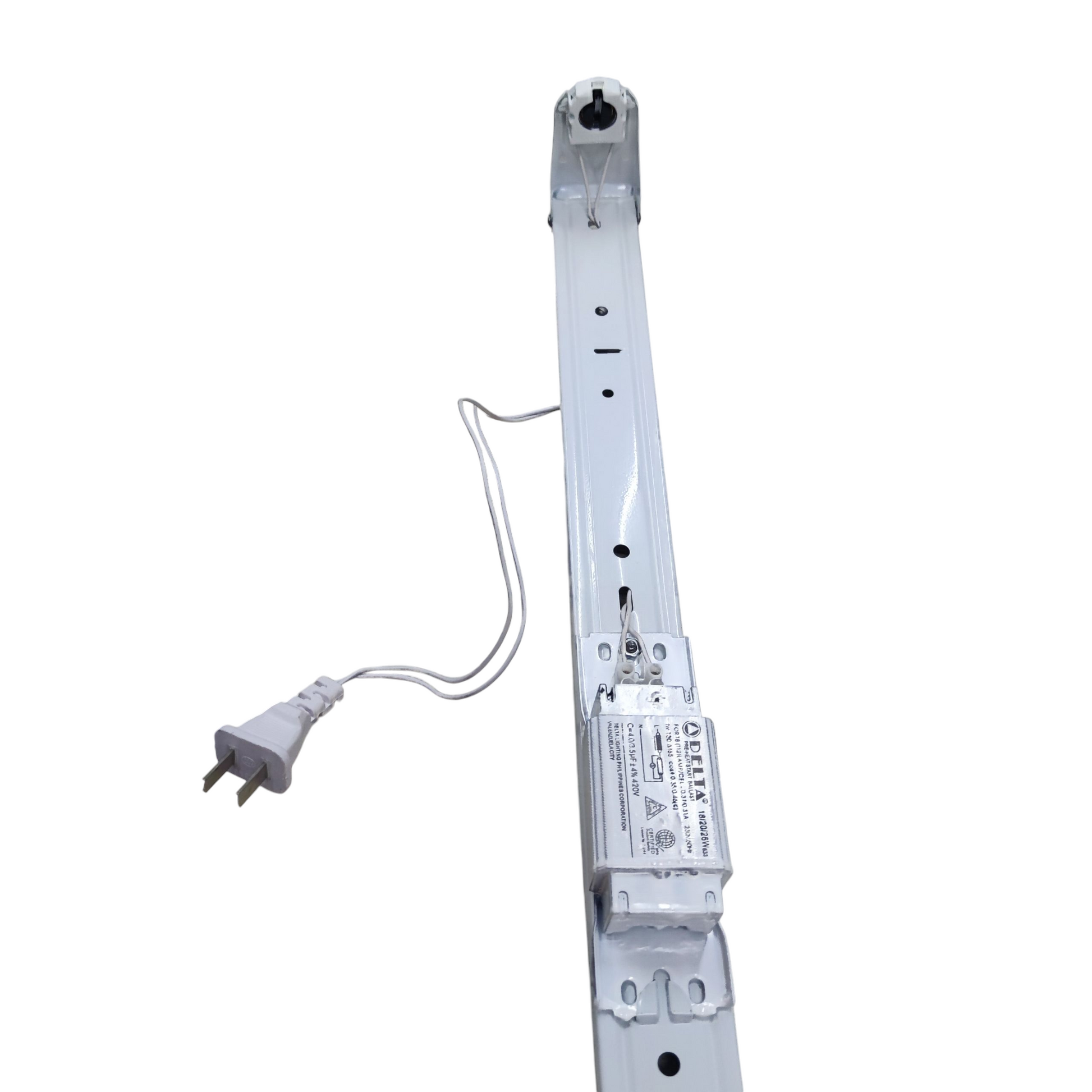 Delta magnetic ballast light fixture with attached power cord and two-prong plug for lighting applications