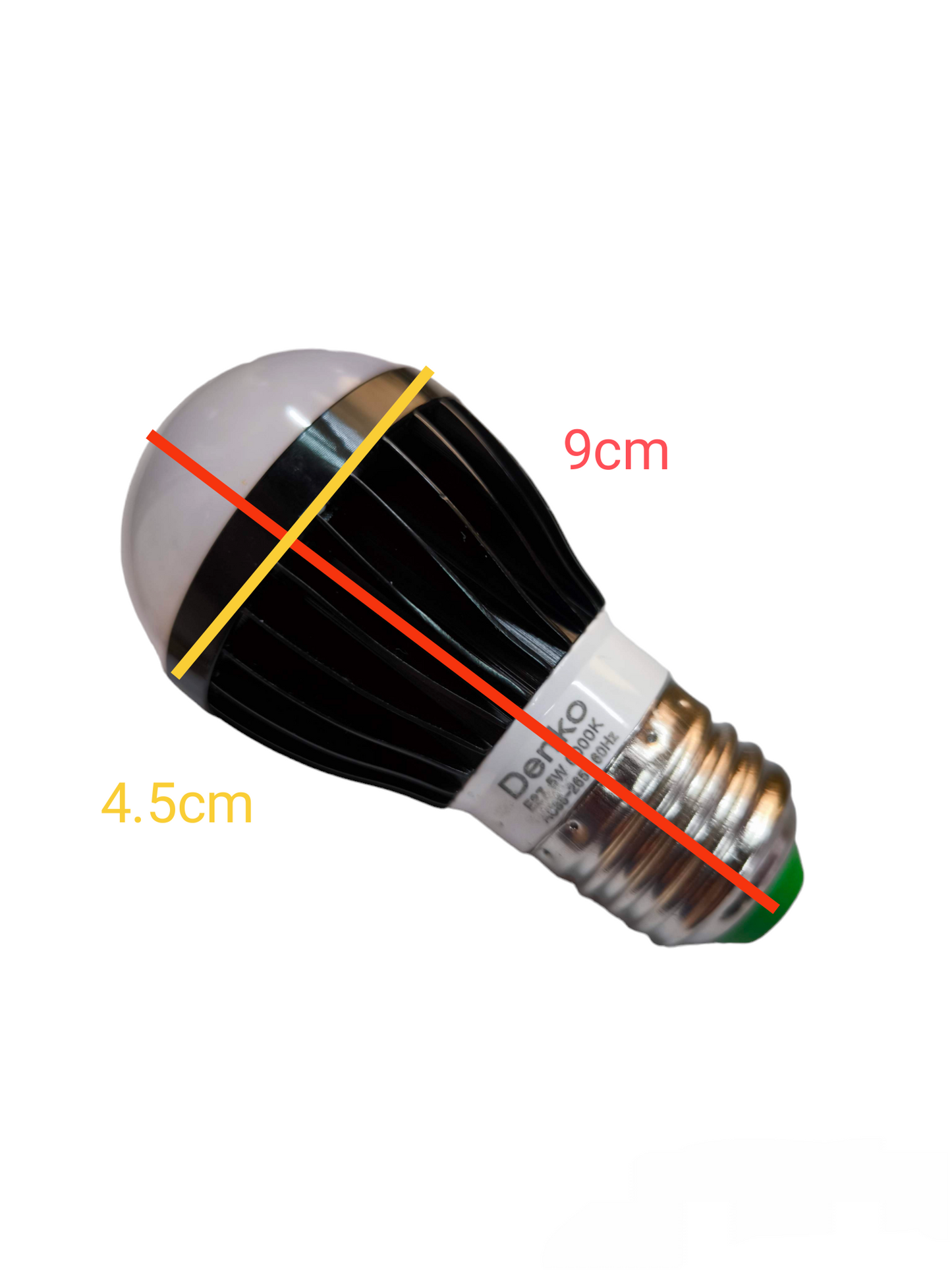 Denko 5W LED bulb E27 220V with black heat sink and frosted white top, 9cm length and 4.5cm diameter