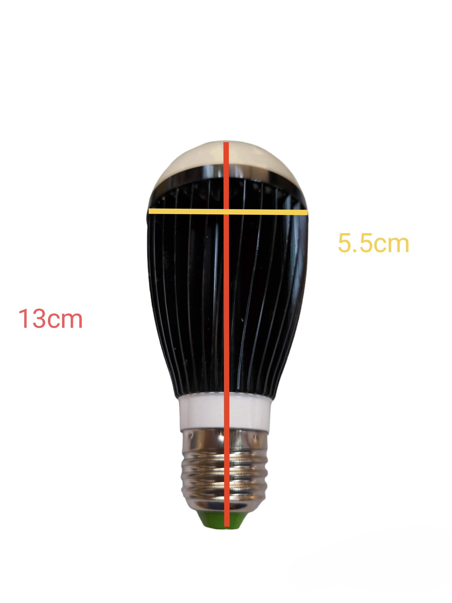 Denko 9W LED industrial bulb with black heat sink and standard screw base measuring 13cm by 5.5cm