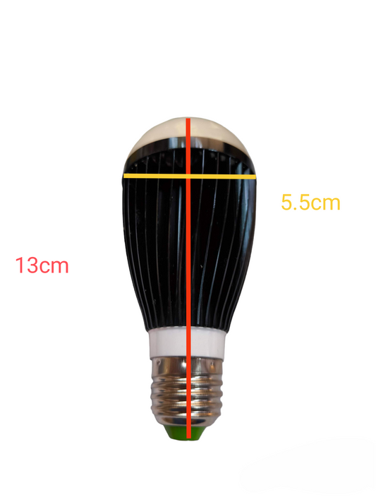 Denko 9W LED industrial bulb with black heat sink and standard screw base measuring 13cm by 5.5cm