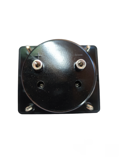Brother analog DC panel meter with black circular face and positive negative terminals
