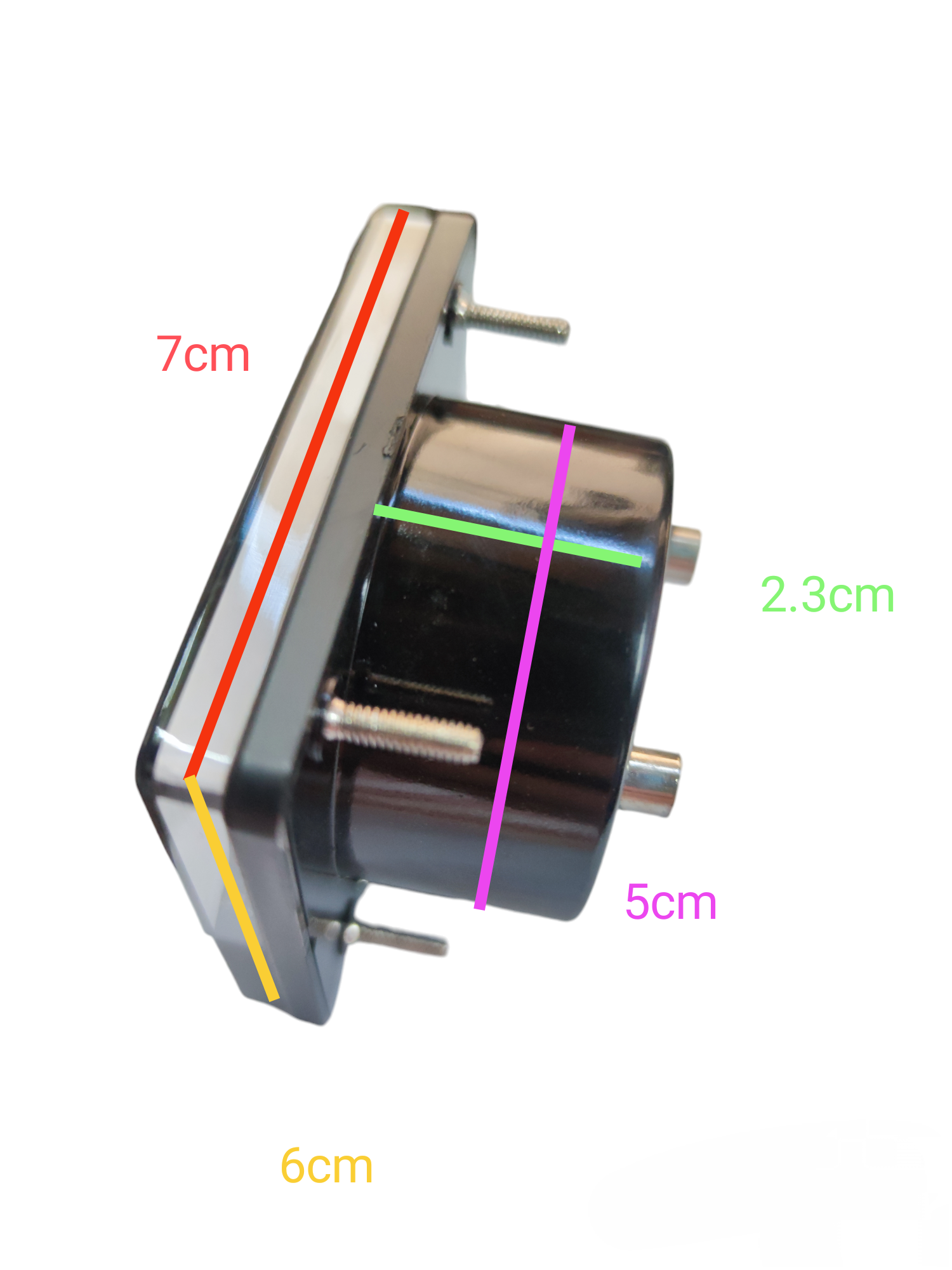 Brother analog DC panel meter with side view showing mounting screws and dimensions