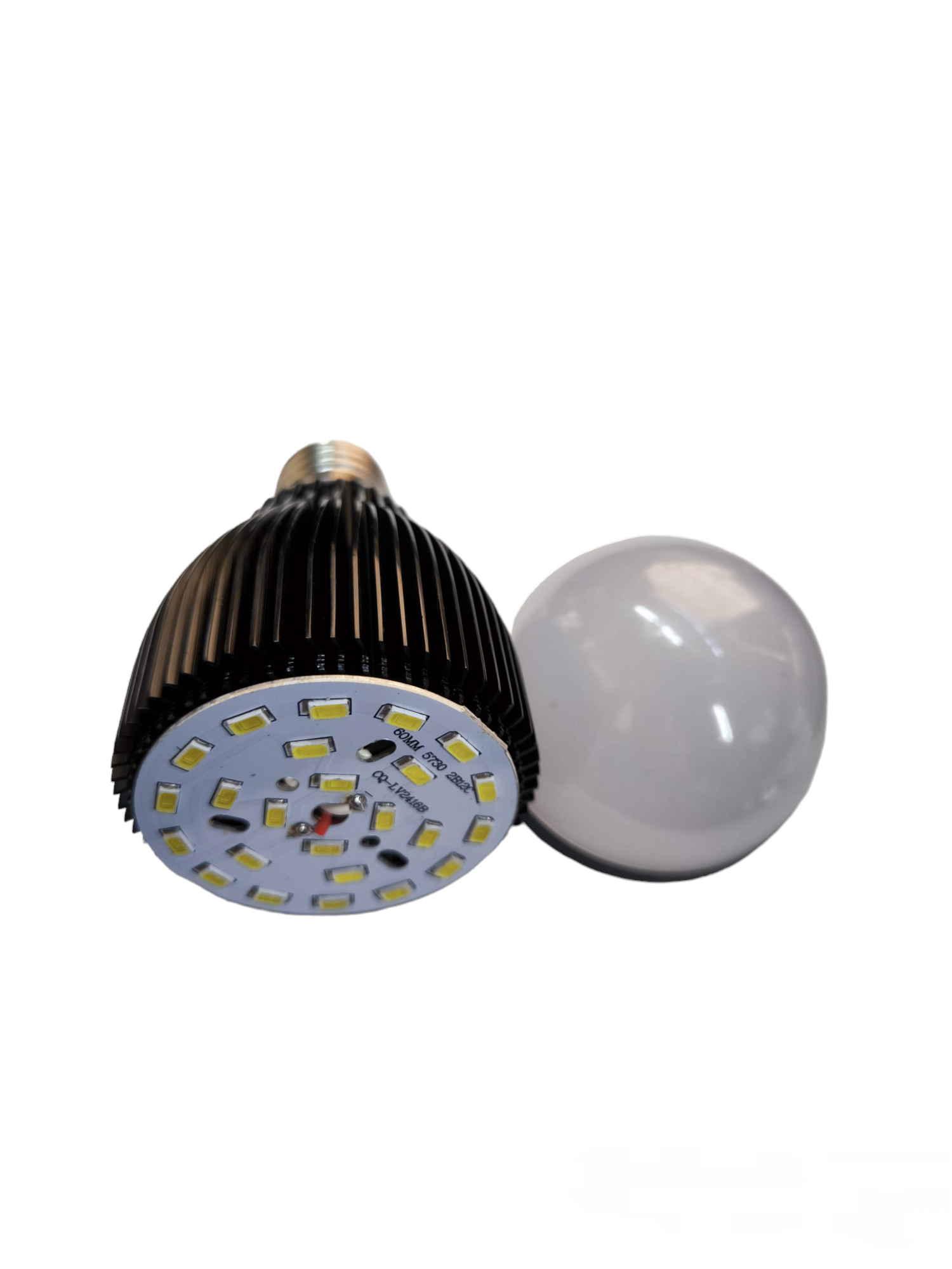 Denko LED bulbs for sale showing a black heat sink LED bulb and a white frosted globe bulb