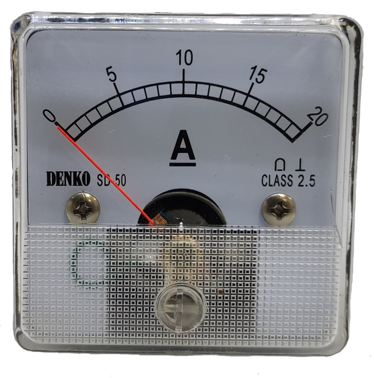 Denko Panel Meter 20A DC 50 x 50 mm with analog dial and red needle indicator