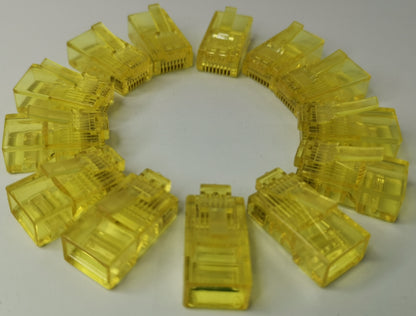 Denko RJ45 Connector colored yellow plastic network cable plugs arranged in a circle for Grippes powerline network adapter