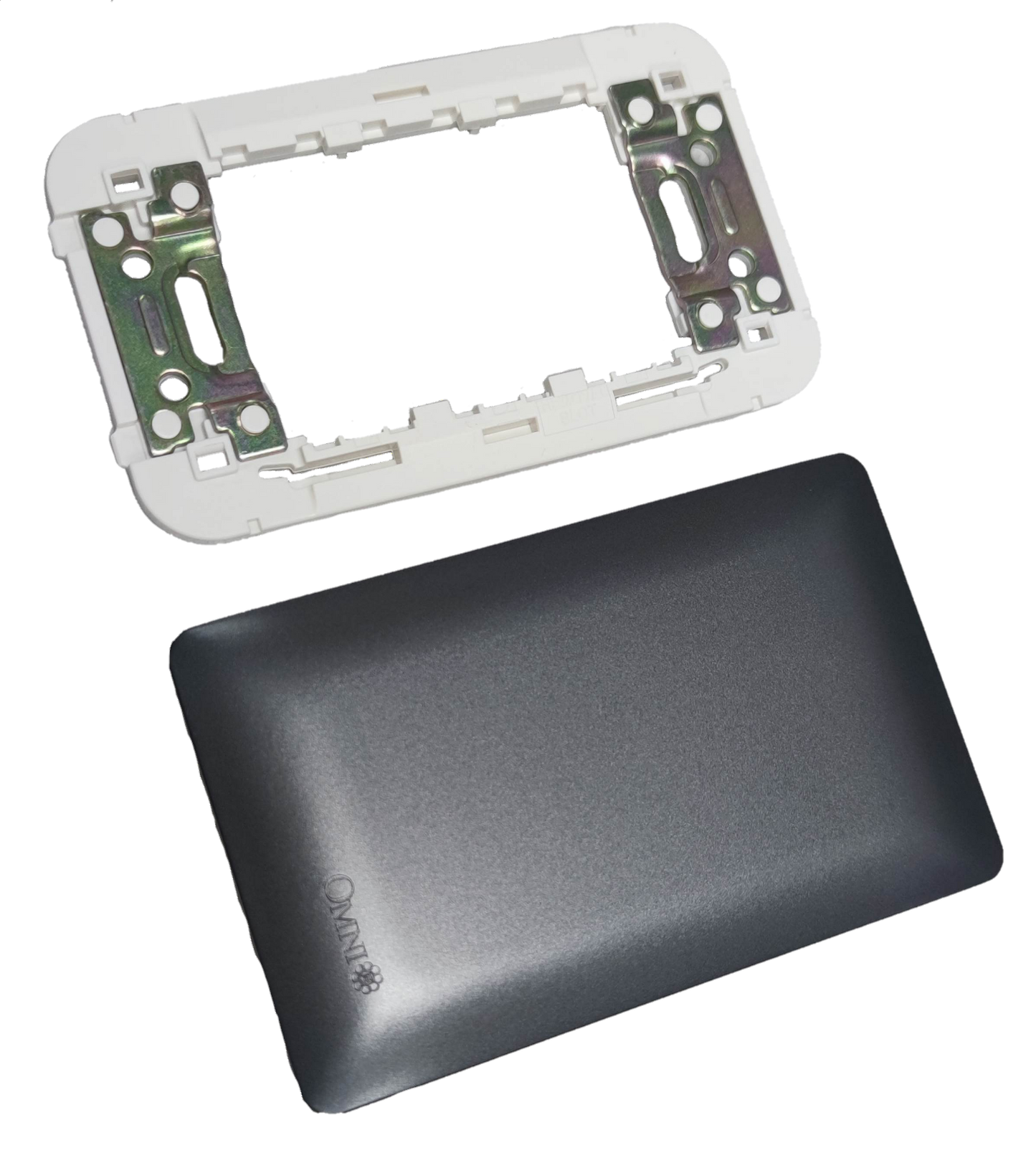 Omni designer series wall plate DWP-100G in sleek black finish with mounting frame for power outlets