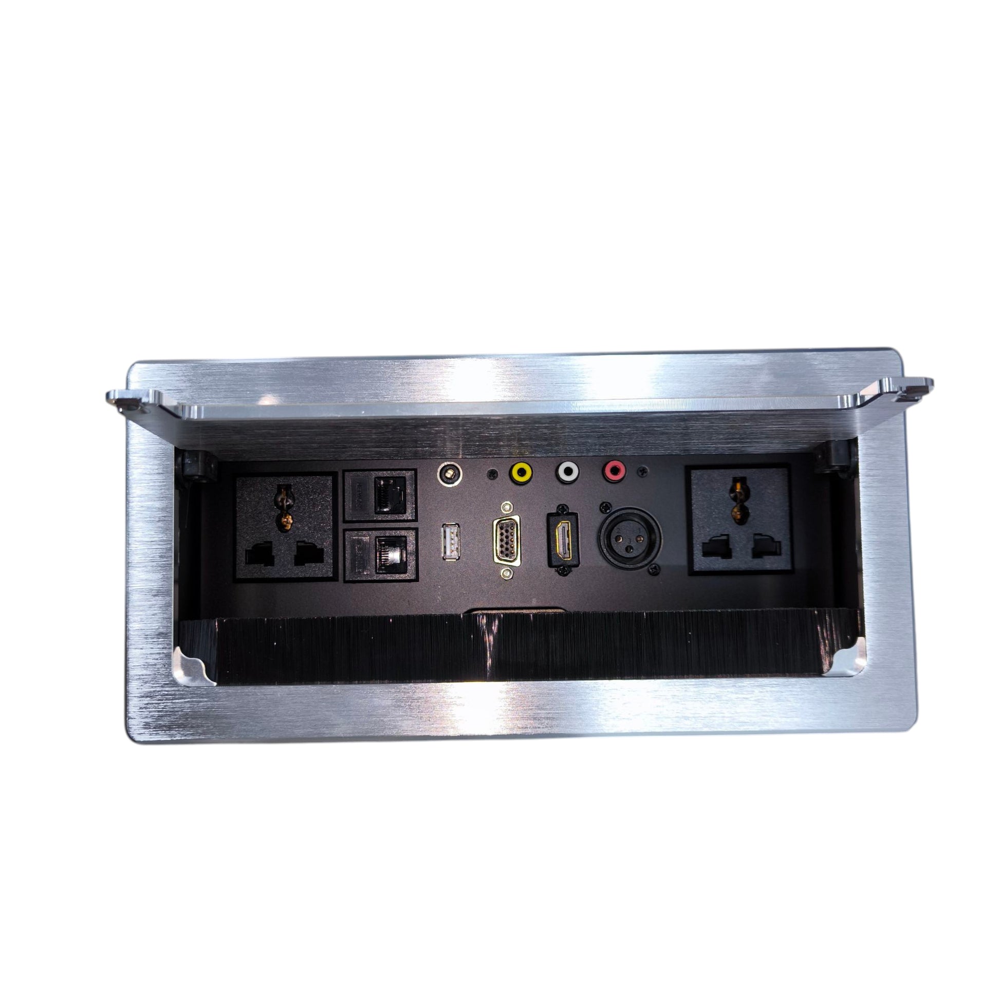 Grippes desktop conference power outlet with multiple connections including USB and audio inputs