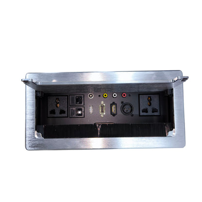 Grippes desktop conference power outlet with multiple connections including USB and audio inputs