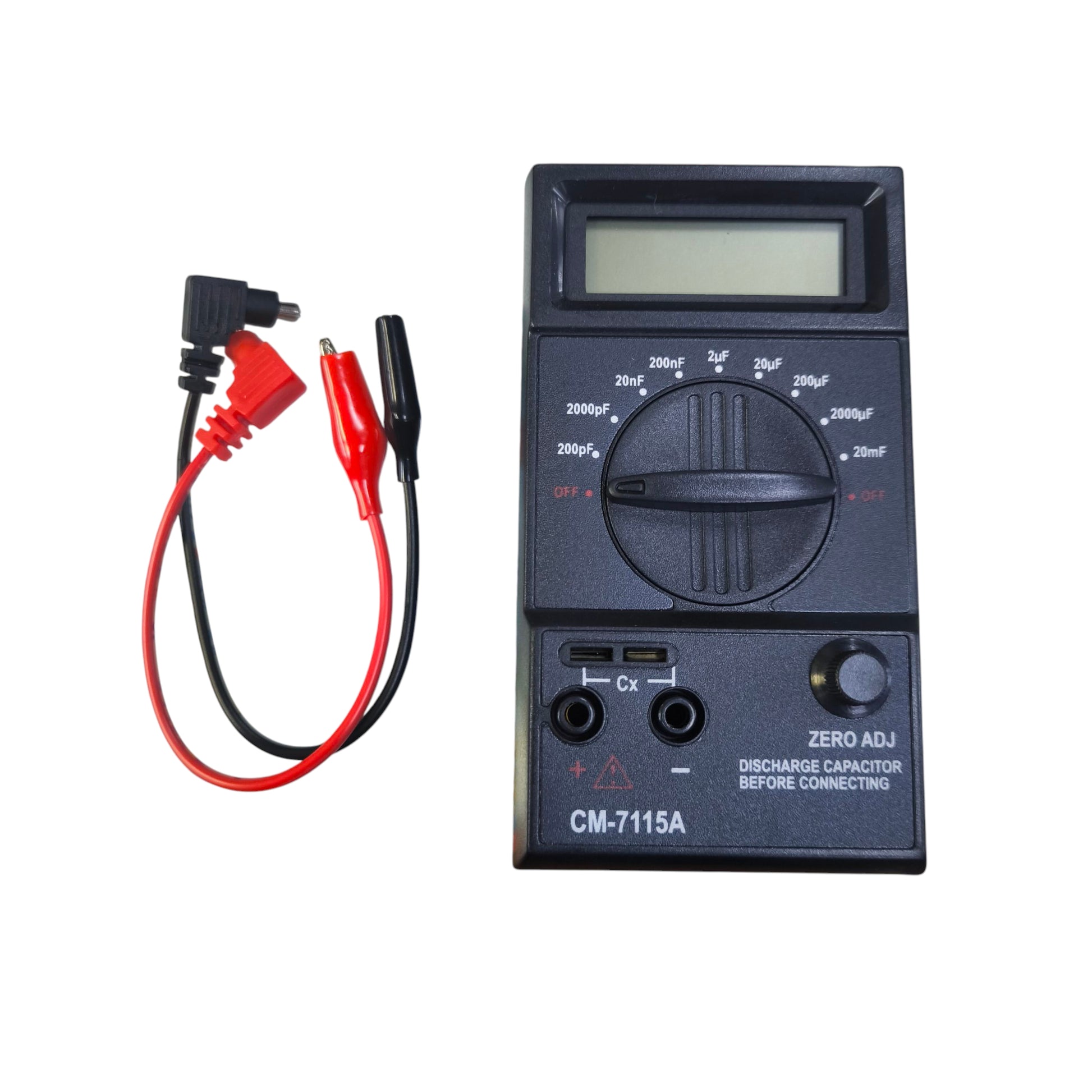 Digital capacitance tester CM-7115A with display and test leads for electrical measurements
