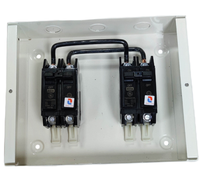 GE and Koten double pole double throw breaker installed in a white electrical panel for circuit protection