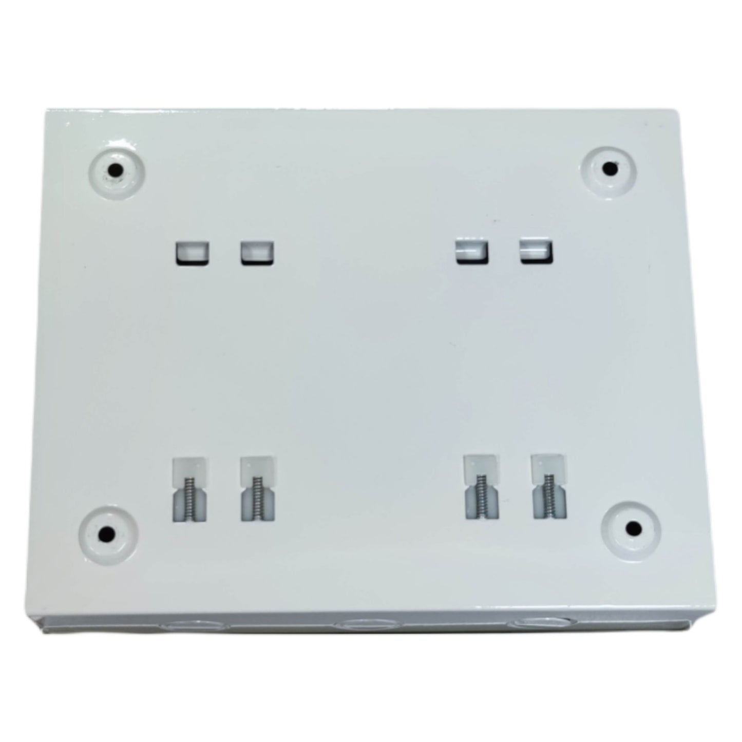 White electrical enclosure for double pole double throw breaker installation with secure mounting points