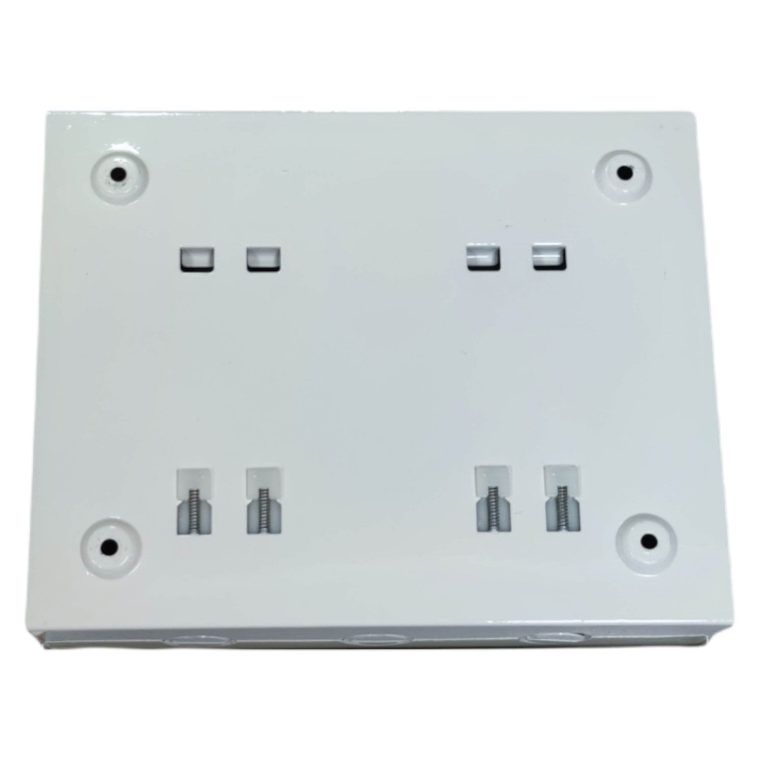 White electrical enclosure for double pole double throw breaker installation with secure mounting points