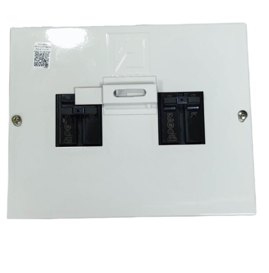 GE and Koten double pole double throw breaker with white panel and black switches for electrical circuitry