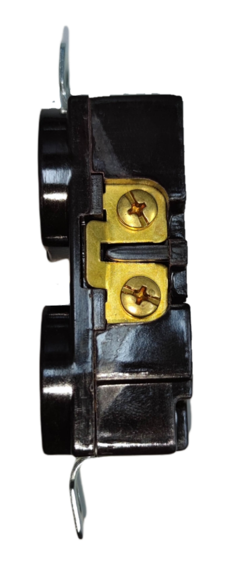 Kopez duplex flat pin outlet with ground side view showing brass screw terminals and mounting bracket