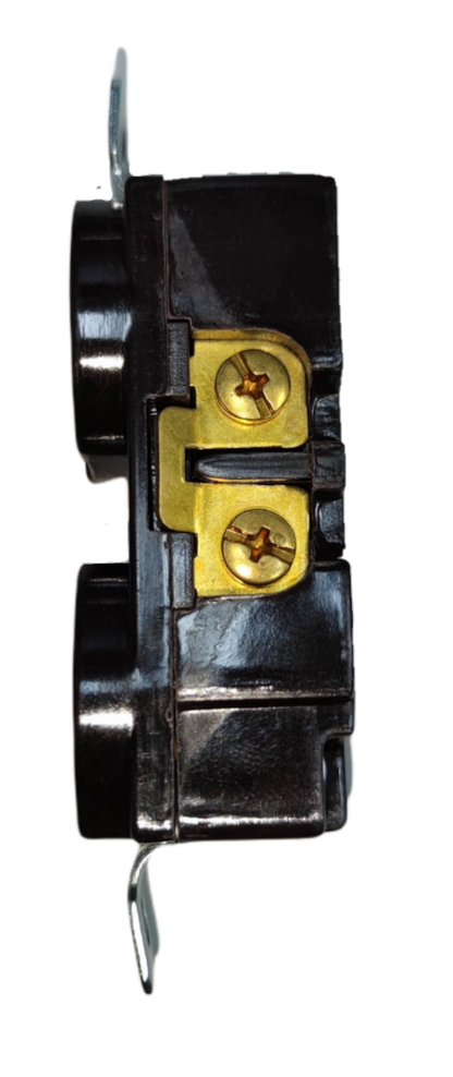 Kopez duplex flat pin outlet with ground side view showing brass screw terminals and mounting bracket