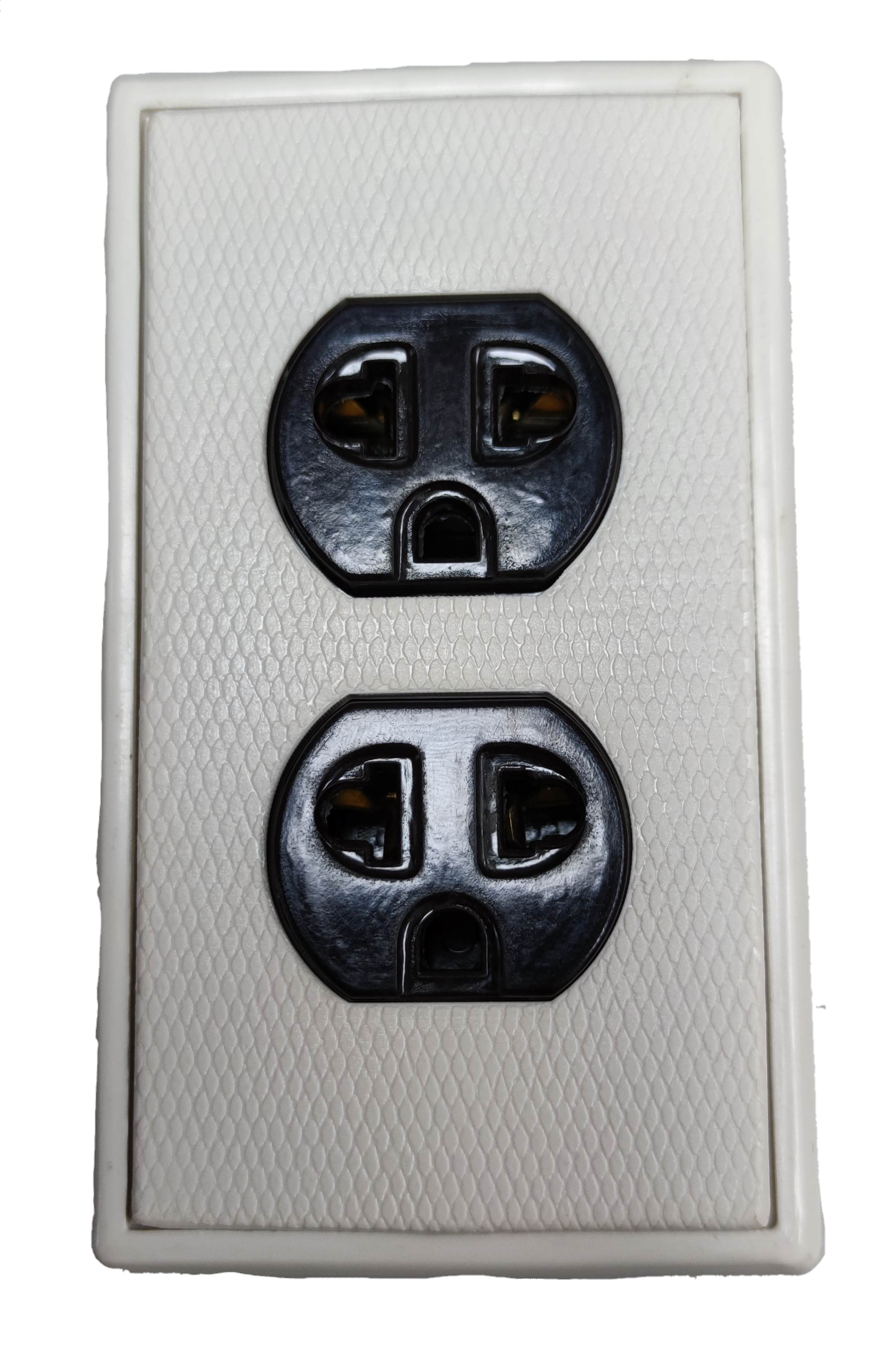 Kopez duplex outlet with ground 10A 250V in black on textured white power point plate