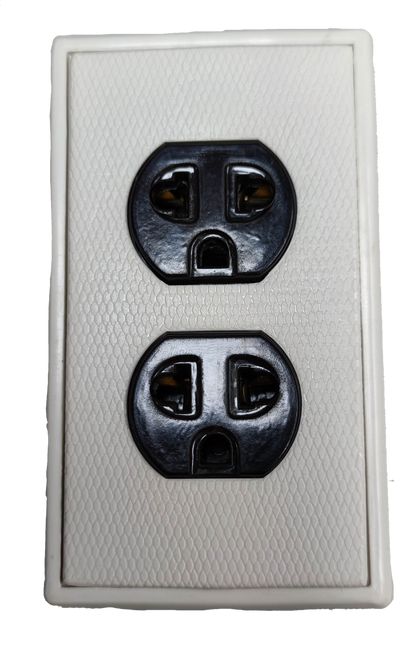 Kopez duplex outlet with ground 10A 250V in black on textured white power point plate