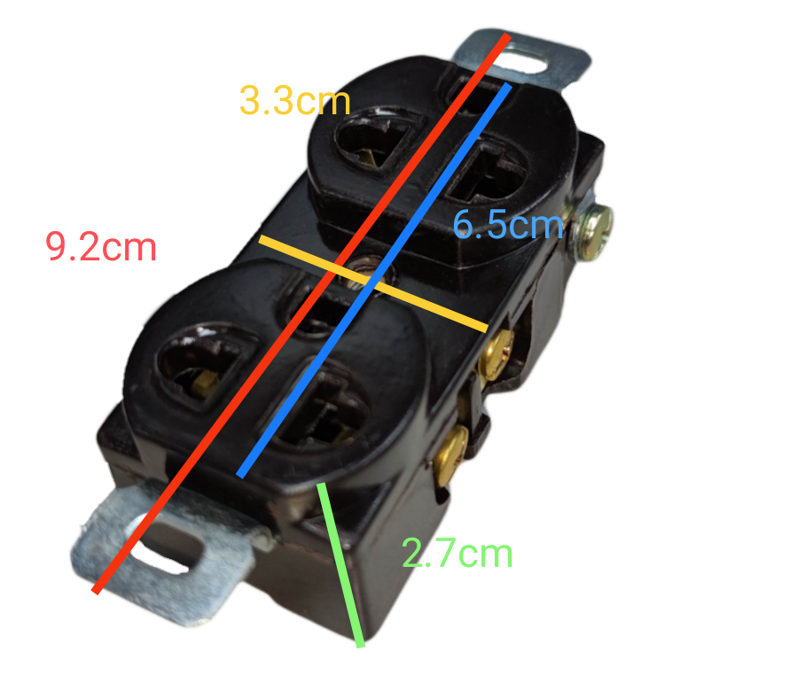Kopez duplex outlet with ground 10A 250V black power outlet showing front and side with measurements