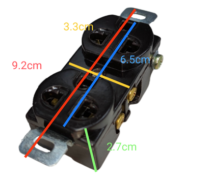 Kopez duplex outlet with ground 10A 250V black power outlet showing front and side with measurements