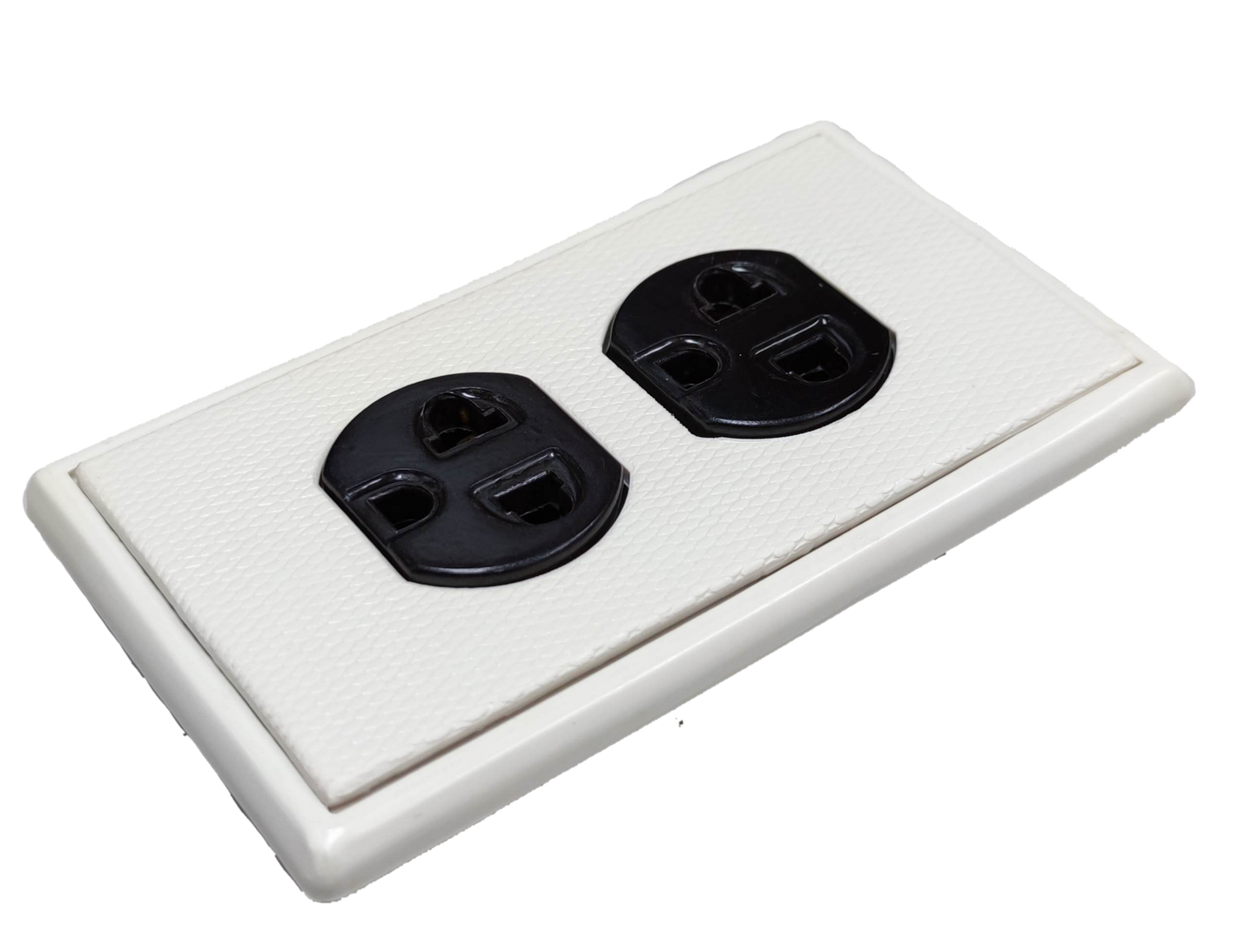 Kopez duplex outlet with ground 10A 250V in white with black sockets for secure electrical connections