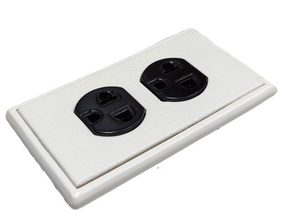 Kopez duplex outlet with ground 10A 250V in white with black sockets for secure electrical connections
