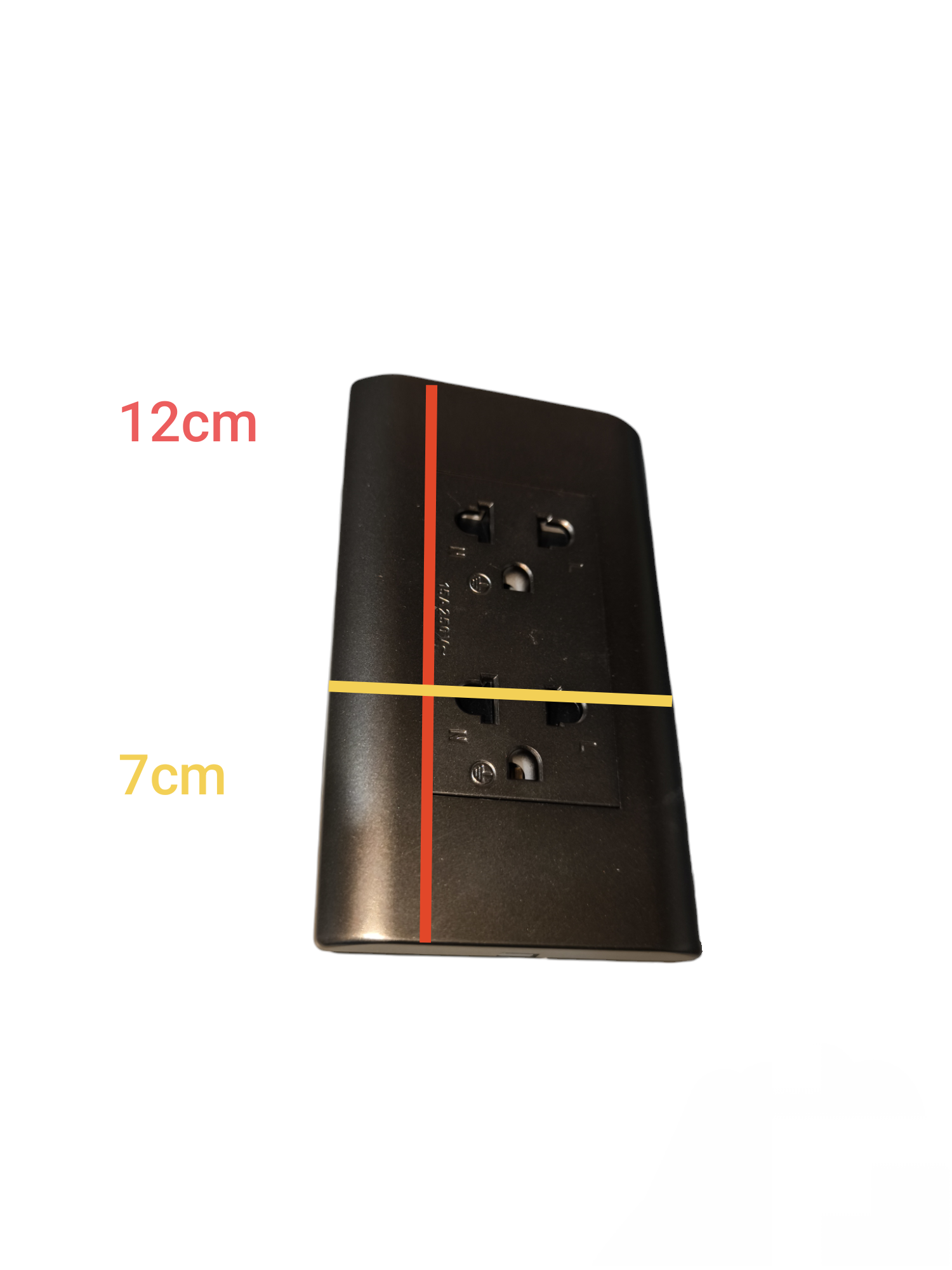 15A 250V duplex wall socket dark wood with mounting dimensions of 12cm by 7cm