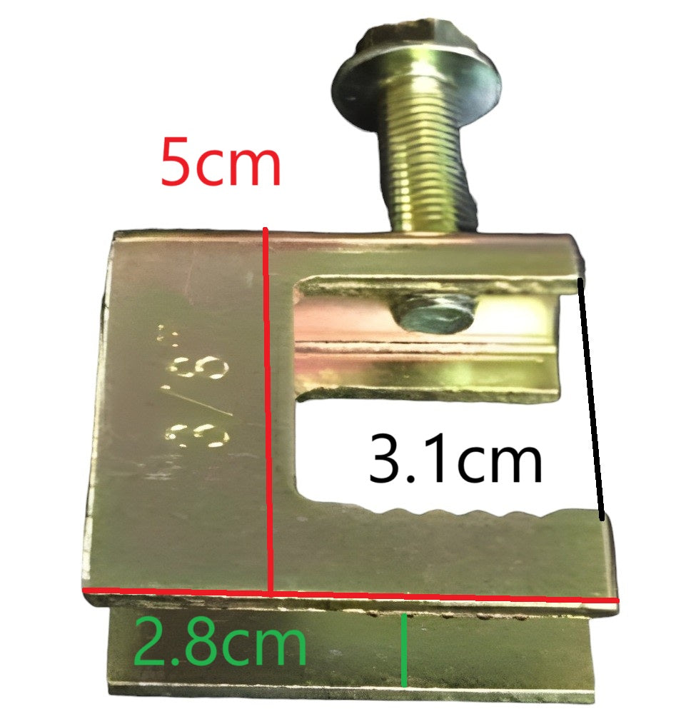 China made Steel Beam Clamp with serrated jaw and hex bolt for cable management showing 5 cm dimensions