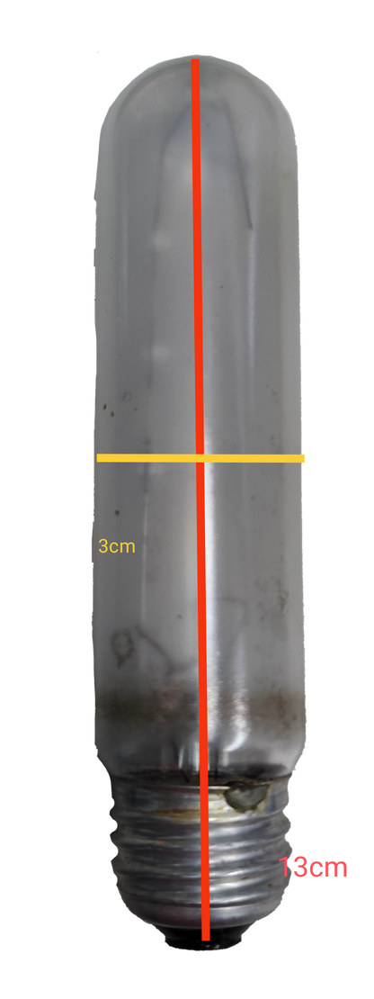 E27 120V tubular incandescent bulb with clear glass and metal screw base measuring 13 cm length