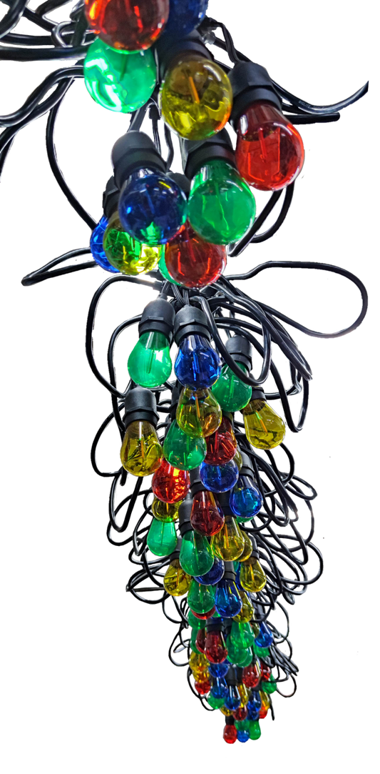 Biglite E27 1W assorted color string lights with vibrant red green blue and yellow bulbs