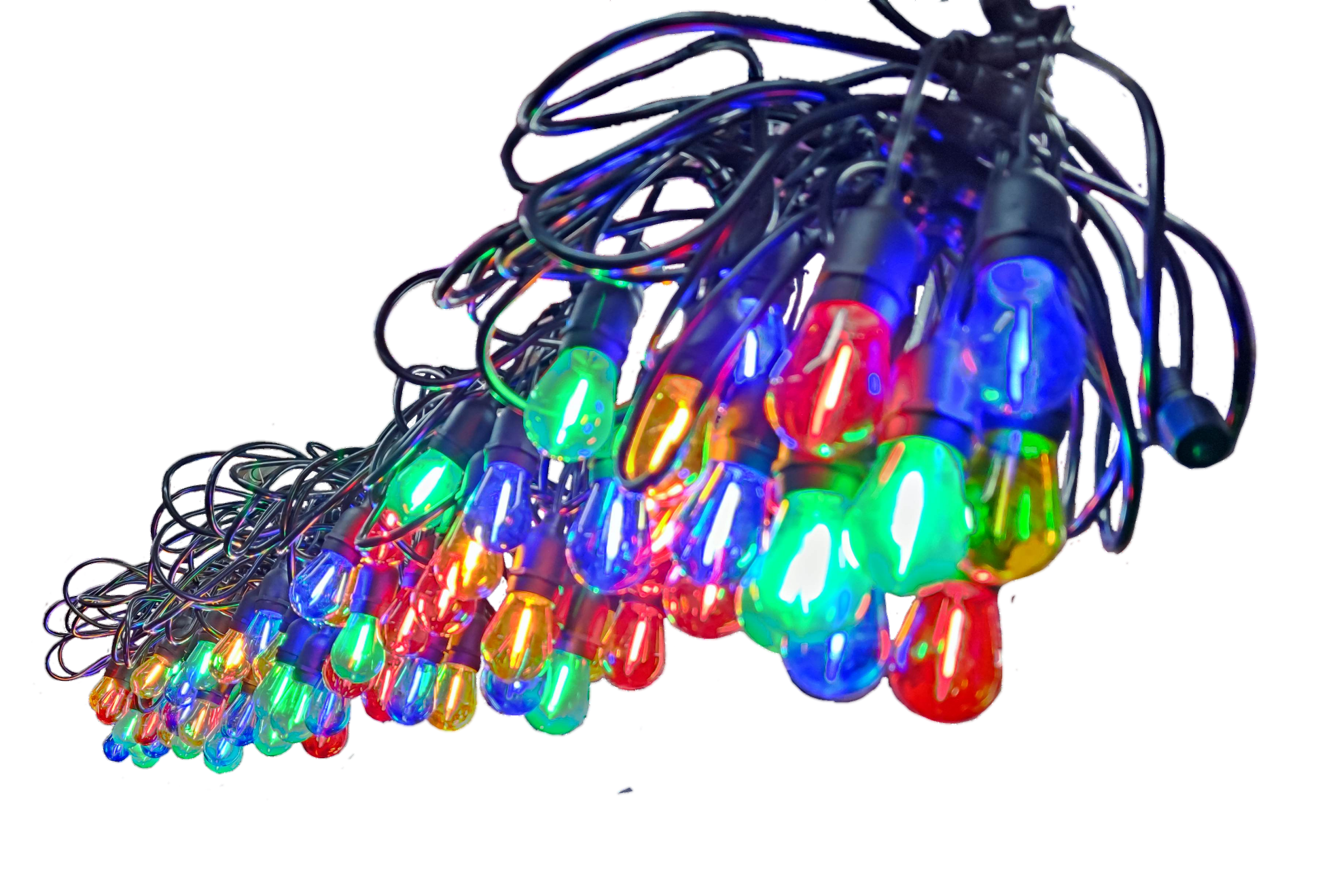 Biglite E27 1W assorted color string lights glowing in multiple vibrant colors on black background