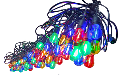 Biglite E27 1W assorted color string lights glowing in multiple vibrant colors on black background