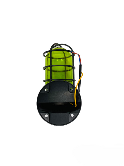Biglite E27 60W green glass lamp with black metal protective cage and wiring for lighting installation