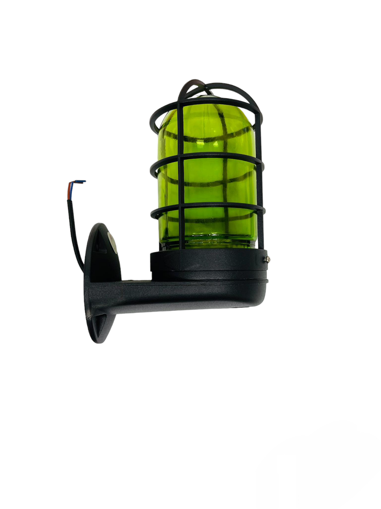 Biglite E27 60W green glass lamp with black protective cage and wall mount bracket