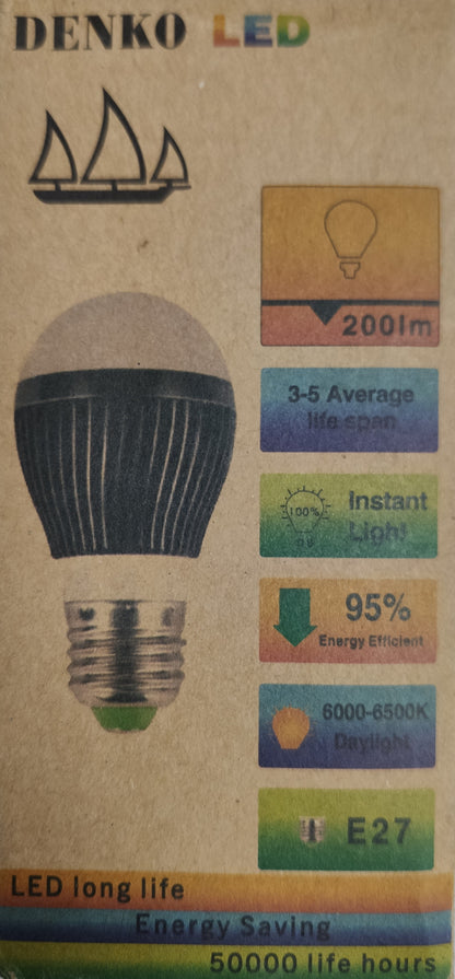 LED Bulb 12V DC 7W E27 Daylight ( Aluminum Heat Sink, needs Battery to light up)