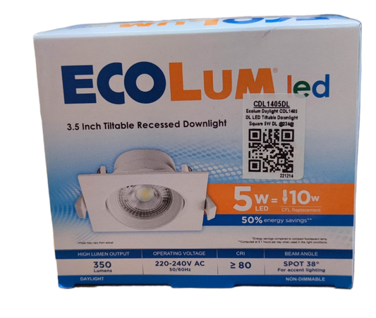 Ecolum 5W LED Tiltable Recessed Downlight Daylight 6500K 220V 3.5 Inches Tiltable Recessed