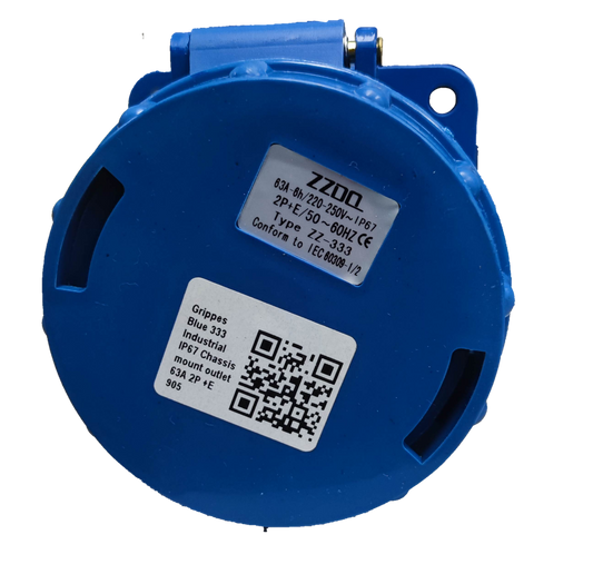 Grippes 63A 2P+E  Industrial Outlet 220V 6h Chassis Type (3P) # 333 IEC60309-2