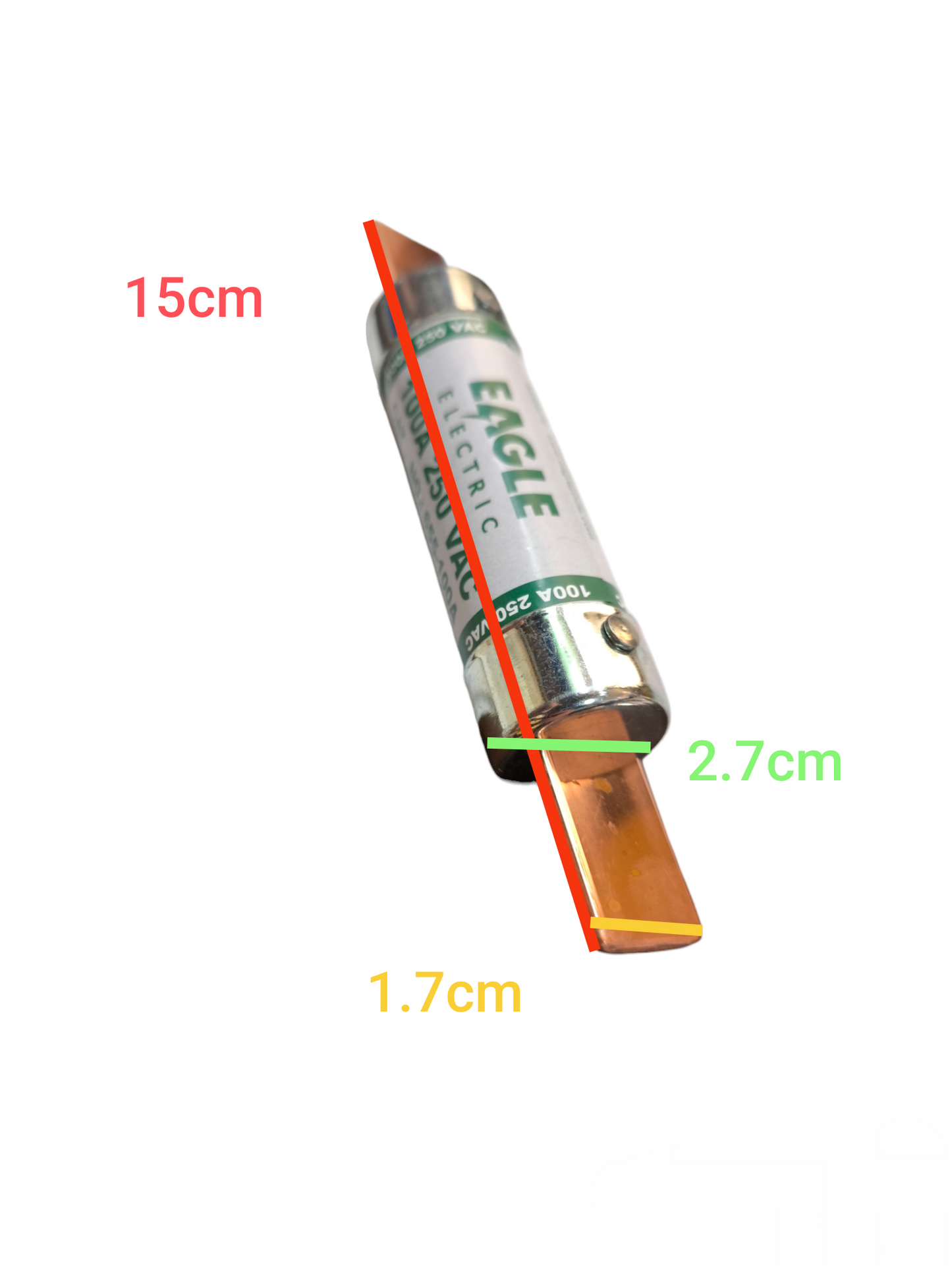 Eagle 100A Non- Renewable Fuse electrical component with metal and plastic parts measuring 15cm length