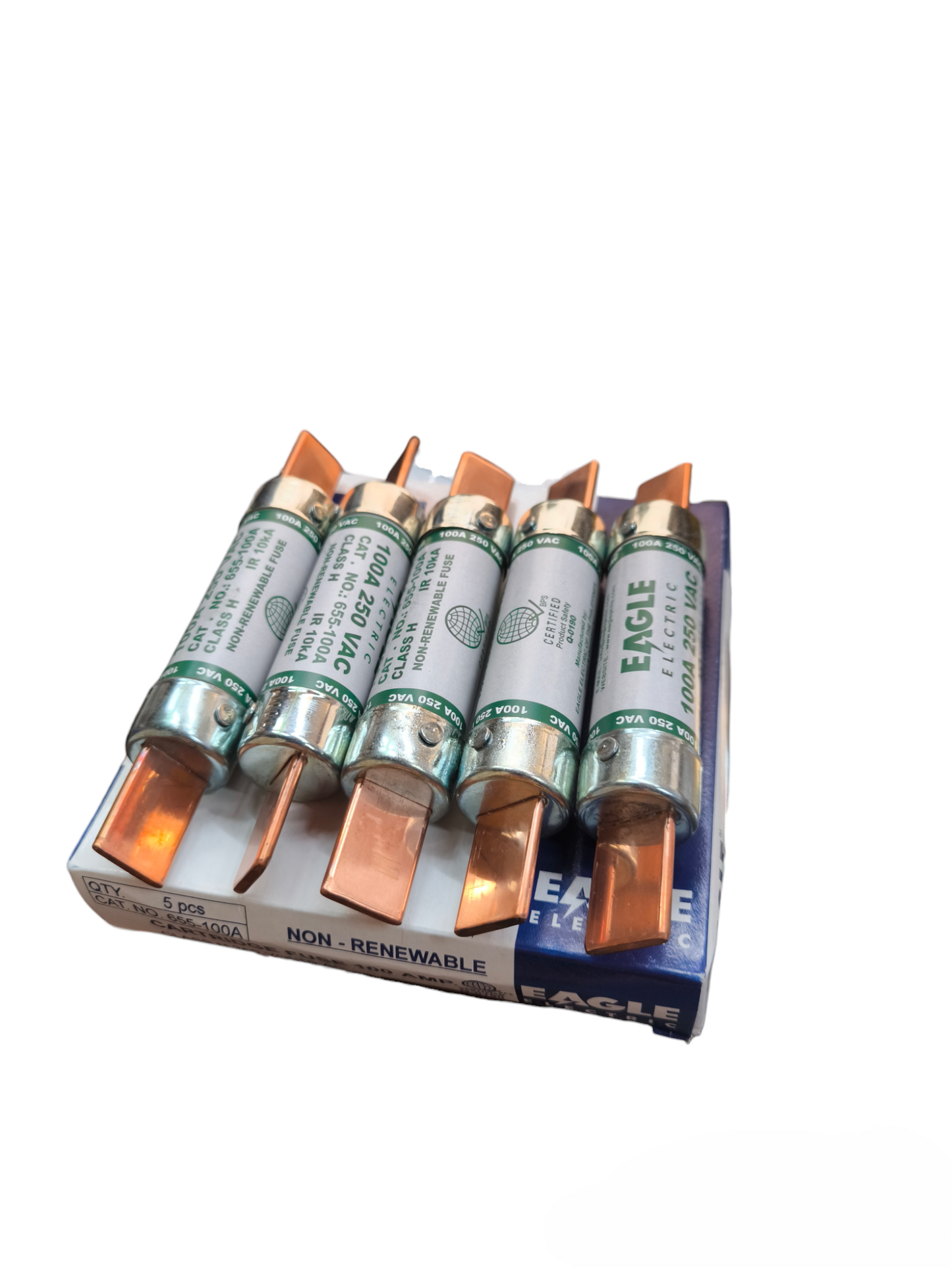 Eagle 100A Non- Renewable Fuse electrical components with copper terminals on display pack