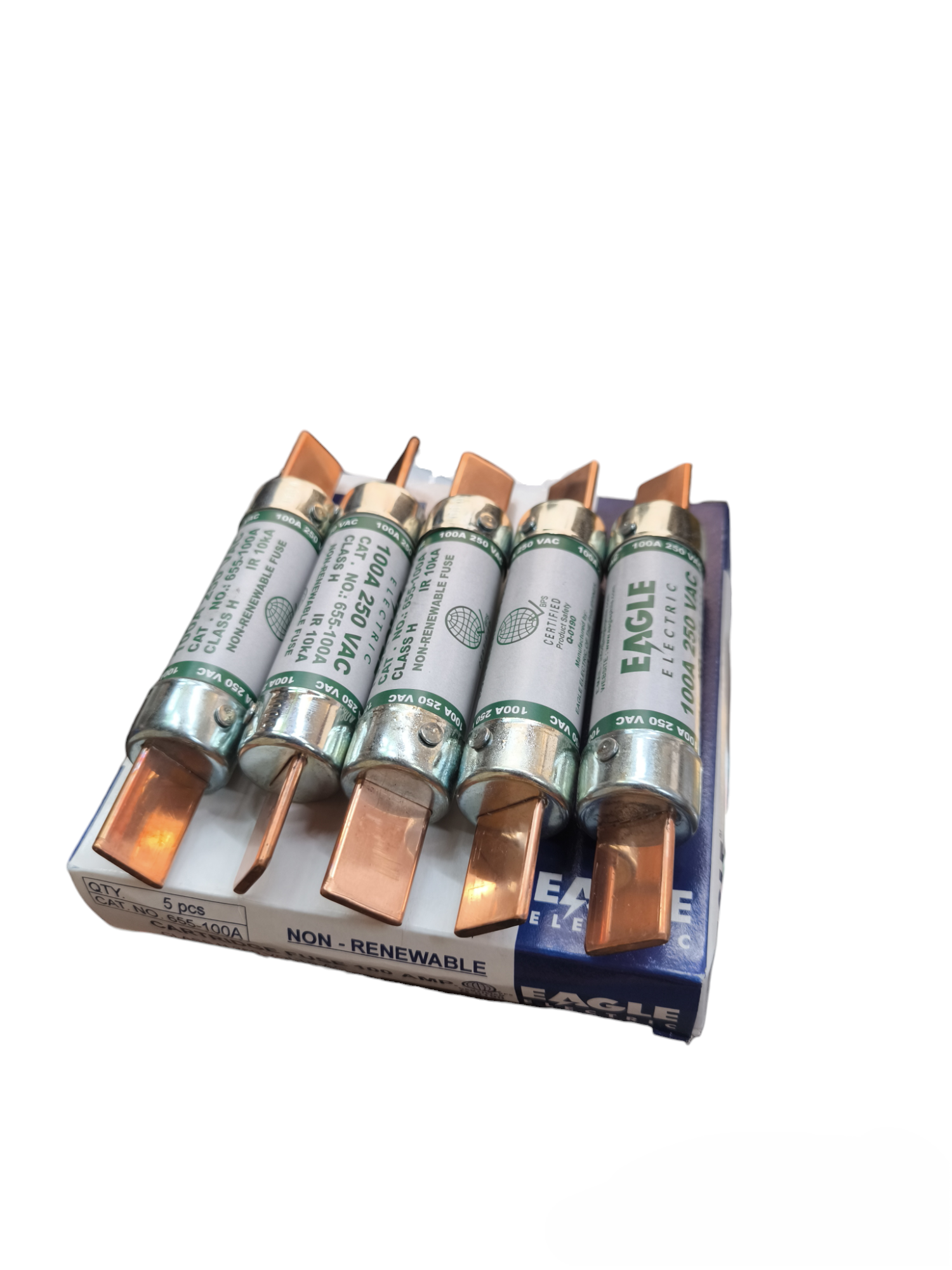 Eagle 100A Non- Renewable Fuse electrical components with copper terminals on display pack